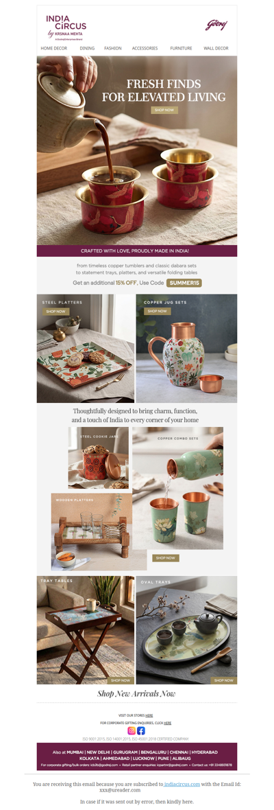 Hey , Hot Summer Sale! 15% OFF on our New Arrivals