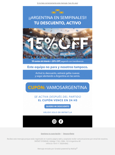 🎉¡Argentina está en semifinales! Tu 15% OFF ya está activo