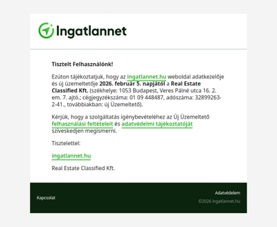 Adatkezelői jogutódlás és szerződésátruházás időpontjáról szóló tájékoztatás