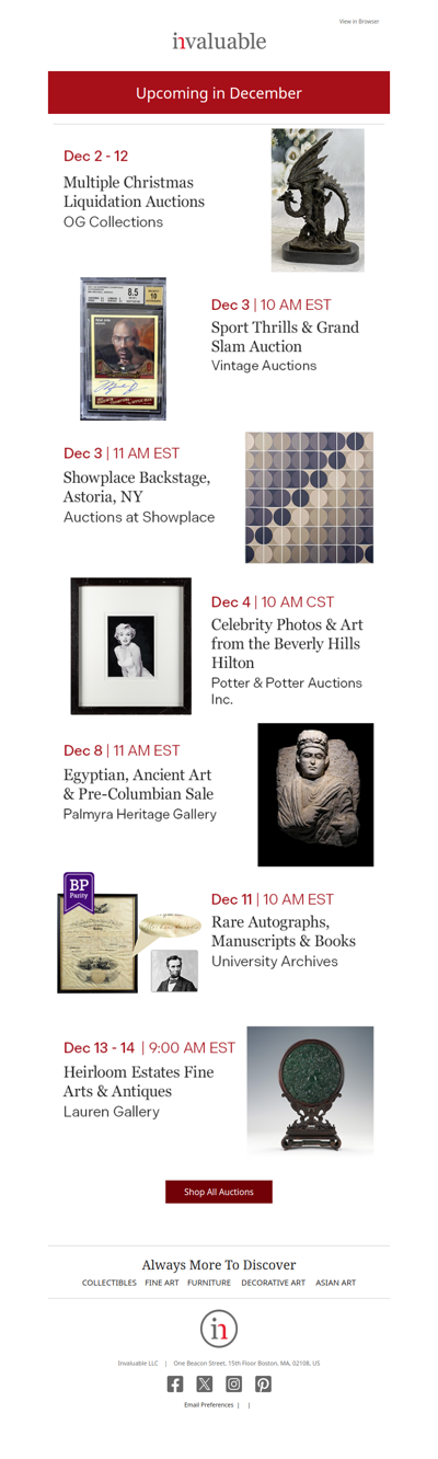 Your December Calendar: Decorative Art, Collectibles & Ancient Art