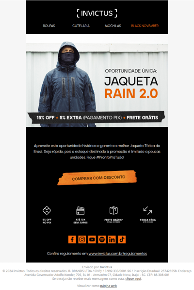 15% OFF + 5% EXTRA + FRETE GRÁTIS na Jaqueta Rain! ⛈️