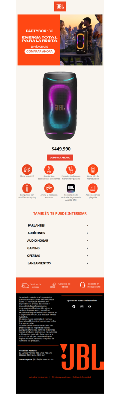 🎉Tu próxima fiesta necesita la nueva Partybox 130🕺¡Paga a cuotas sin interés + envío gratis!✨