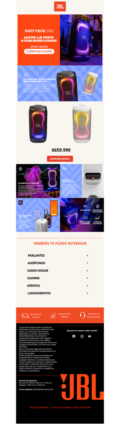 🎉¡La nueva PARTYBOX 330 será tu aliada en cualquier celebración🕺¡Paga a cuotas sin interés + envío gratis!✨