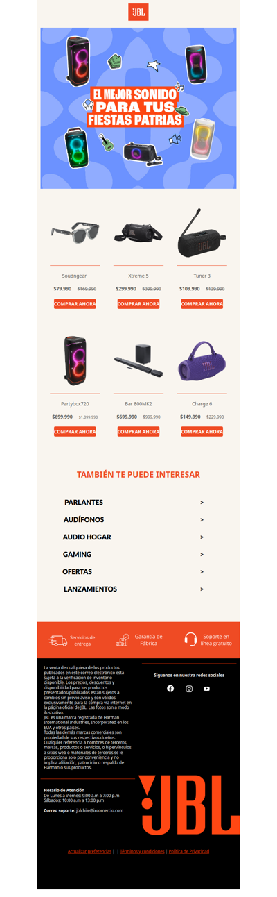 🎉Hasta 50% off en FIESTAS PATRIAS🕺¡Celebra en compañía del auténtico sonido JBL🎶