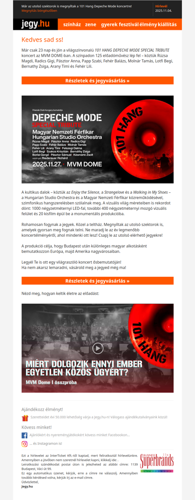 Már az utolsó szektorok is megnyíltak a 101 Hang Depeche Mode koncertre!