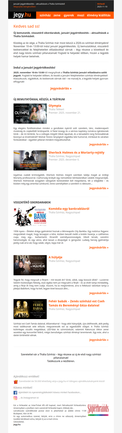 Januári jegyértékesítés – aktualitások a Thália Színházból