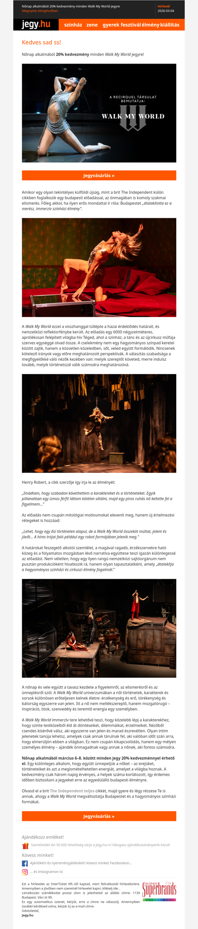 Nőnap alkalmából 20% kedvezmény minden Walk My World jegyre