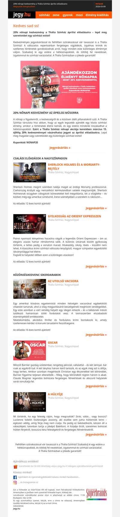 20% nőnapi kedvezmény a Thália Színház áprilisi előadásaira