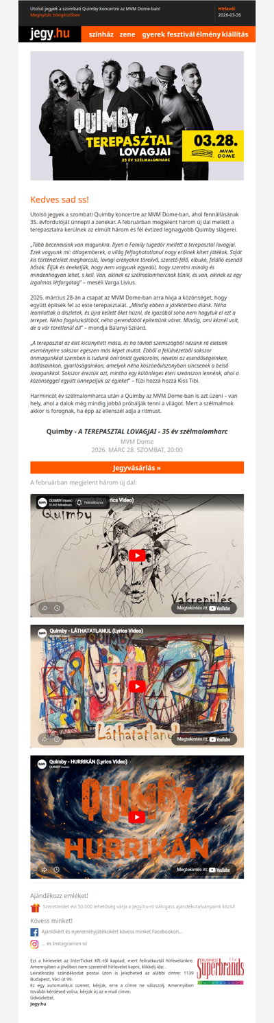 Utolsó jegyek a szombati Quimby koncertre az MVM Dome-ban!