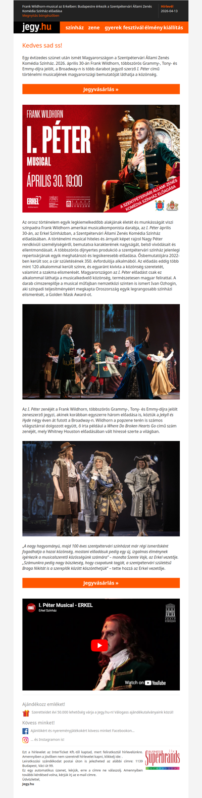 Frank Wildhorn-musical az Erkelben: Budapestre érkezik a Szentpétervári Állami Zenés Komédia Színház előadása