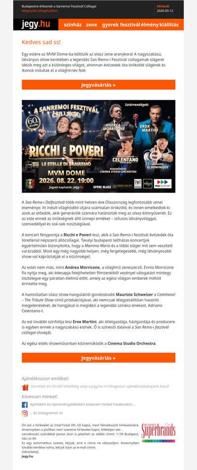 Budapestre érkeznek a Sanremoi Fesztivál Csillagai