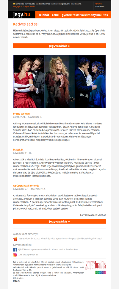 🎫 Elindult a jegyelővét a Madách Színház őszi közönségkedvenc előadásaira.