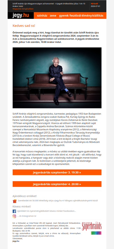 Schiff András újra Magyarországon ad koncertet! - A jegyek értékesítése július 1-én 10 órakor indul