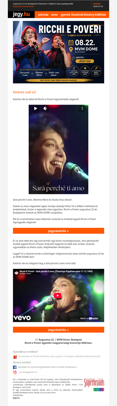 Augusztus 22-én Budapestre érkeznek a világhírű olasz poplegendák!