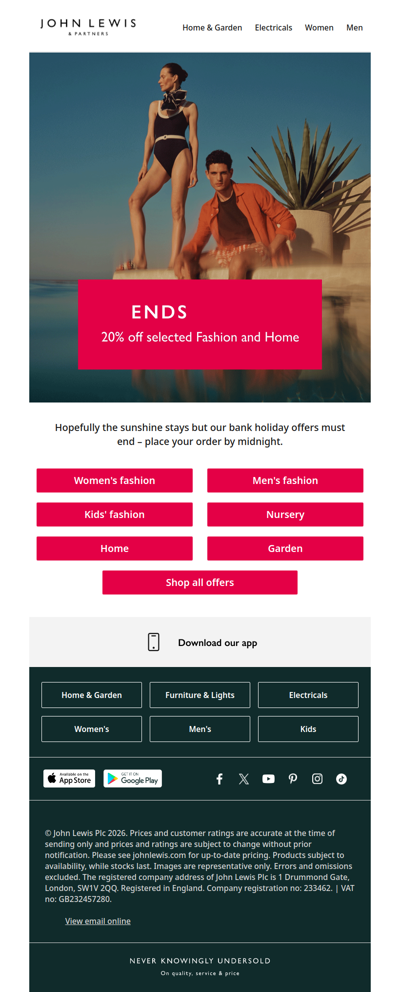Ends today: 20% off selected Fashion and Home