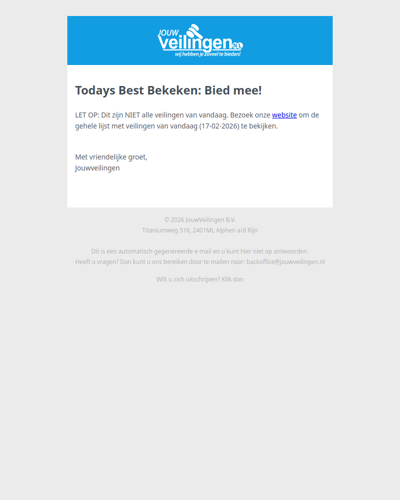 Reminder: Populaire veilingen lopen af! - Dinsdag 17 februari 2026