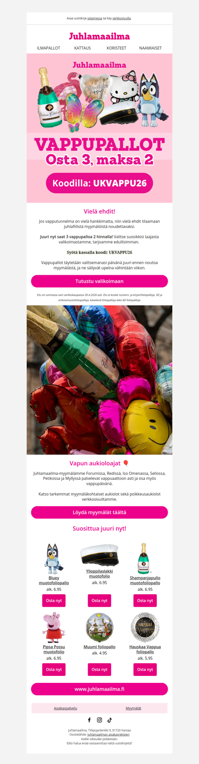 Vielä ehdit! ⏳ Vappupallot: Osta 3 maksa 2 😍🎈