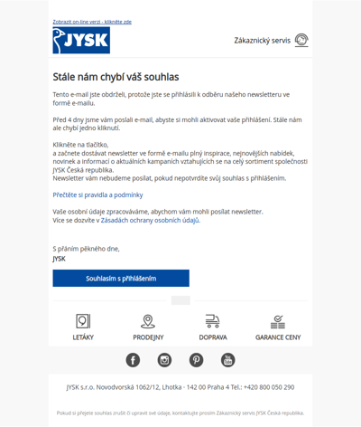 Potvrzení registrace k odběru JYSKového newsletteru