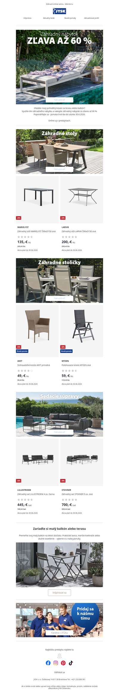 ZĽAVA AŽ 60 % na záhradný nábytok