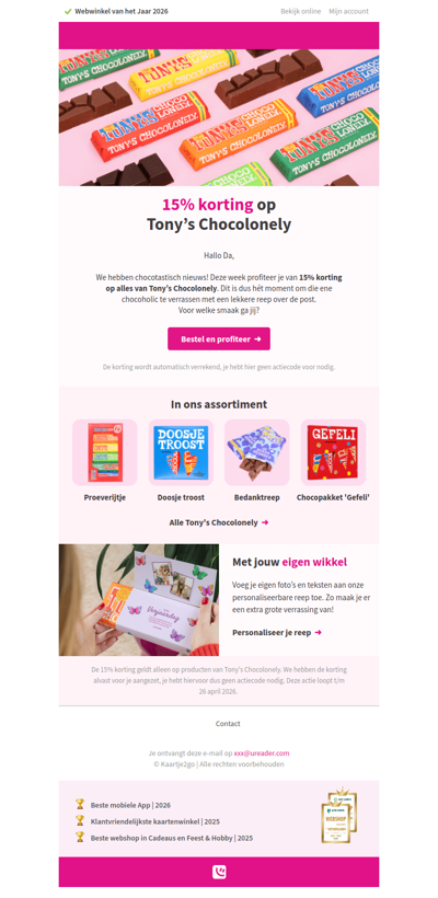 Wow! 15% korting op ALLES van Tony’s Chocolonely 🍫