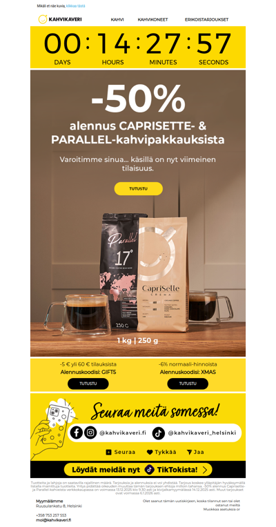 -50% Caprisette- ja Parallel-kahveista