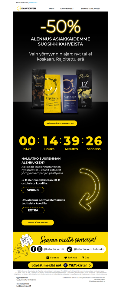 🌑Yömyynti: -50% TOP-kahveista + lisäalennus alekoodeilla