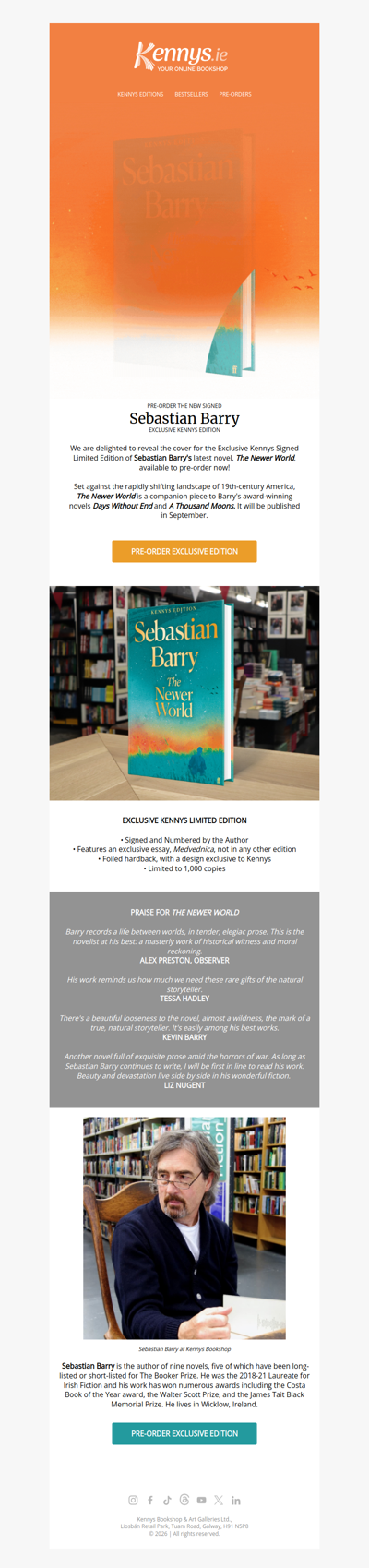 Kennys Exclusive Edition of Sebastian Barry's The Newer World