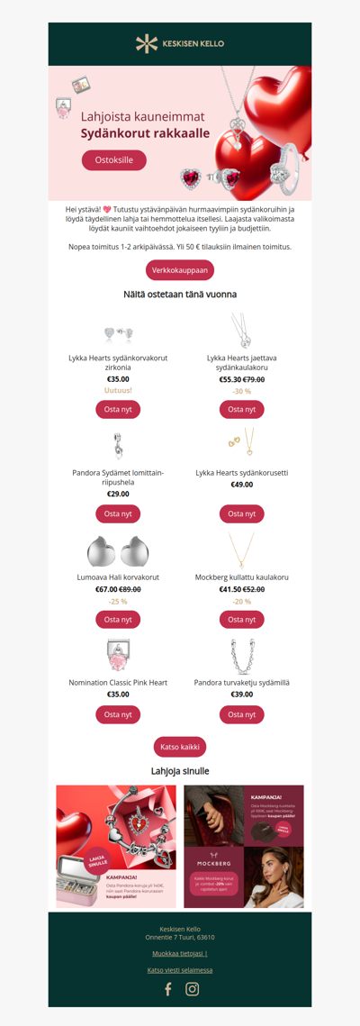 Ystävänpäivän sydänkorut alk. 29 €