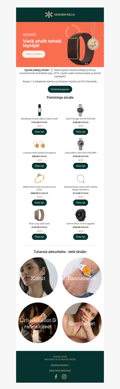 SyysALE päättyy: jopa -50 % kelloista ja koruista