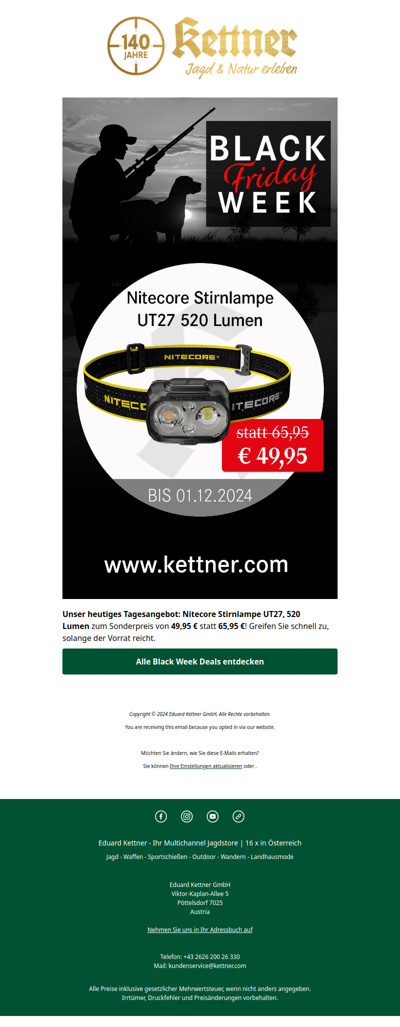 Heute exklusiv: Nitecore Stirnlampe UT27, 520 Lumen in der Black Week!