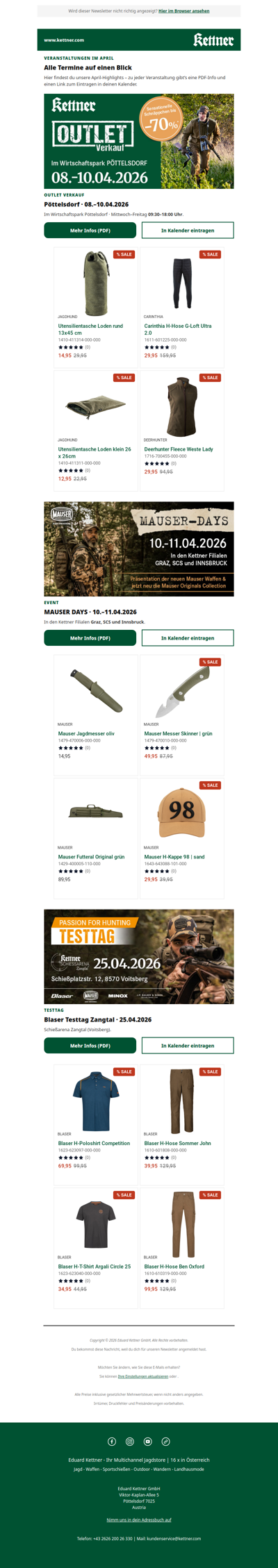 Unsere April‑Events: Outlet Pöttelsdorf, Mauser Days & Blaser Testtag