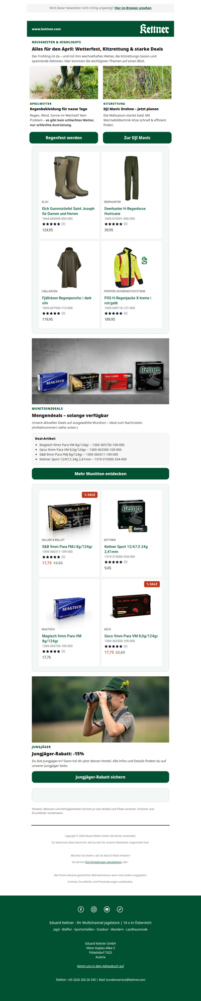 Aprilwetter? Regenfest starten + Kitzrettung & Munitionsdeals