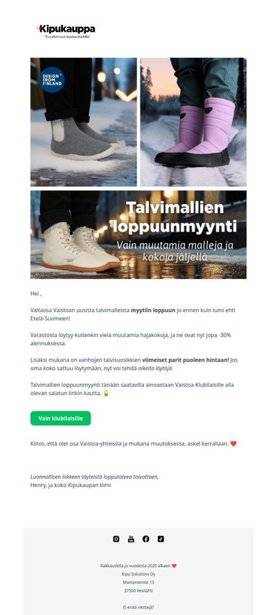 Talvimallien loppuunmyynti alkoi nyt