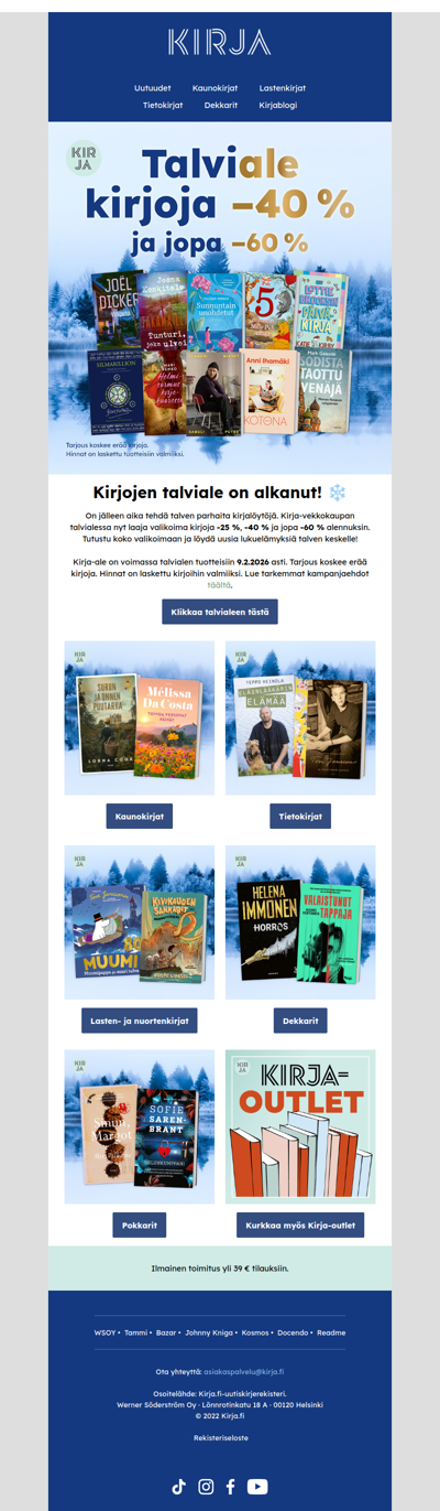 📚 Talviale alkoi! Kirjoja -40 % ja jopa -60 % alennuksin! ❄️