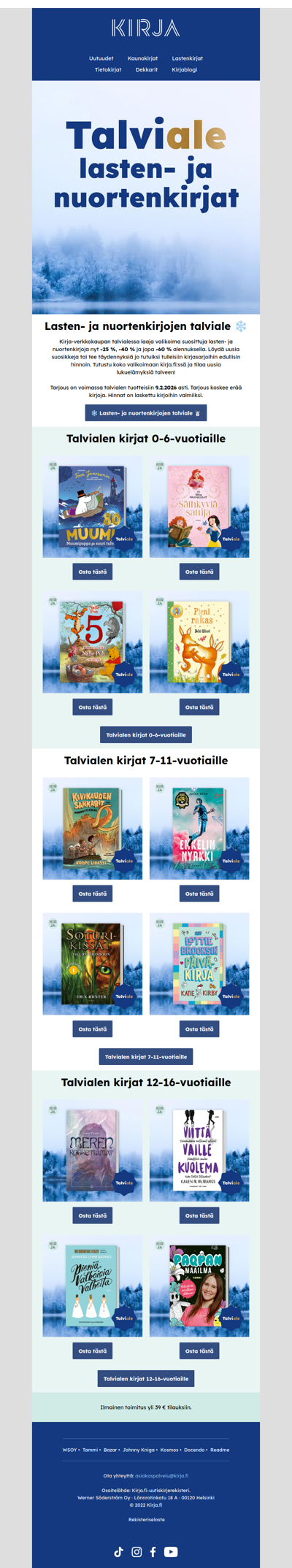📚 Talvialessa lasten- ja nuortenkirjoja -40 % ja jopa -60 % ❄️