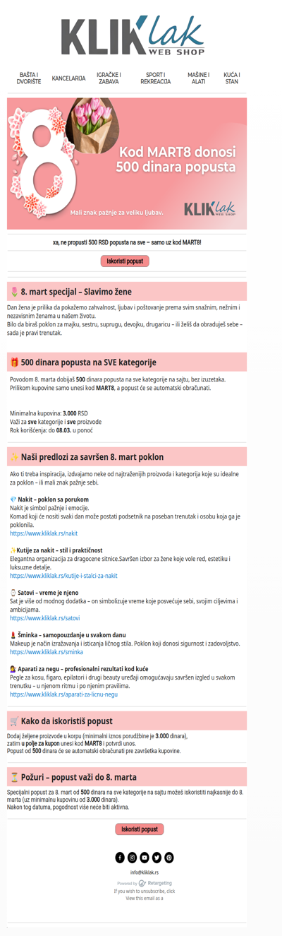 🌸 8. mart specijal – Slavimo žene uz 500 RSD poklon popusta na SVE