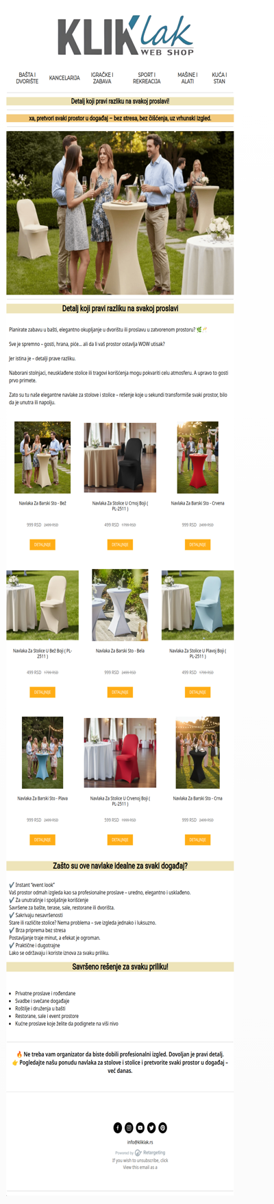 Elegantne navlake za stolove i stolice po SUPER ceni – za savršenu zabavu unutra i napolju!