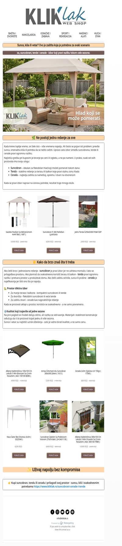 🌿 KUPI pravo rešenje za hlad – suncobran, tenda ili cerada