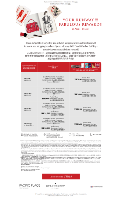 Step into a stylish shopping spree and treat yourself to movie and shopping vouchers 展開專屬您的時尚購物體驗，盡情享受包括電影門票及購物禮券的精彩獎賞