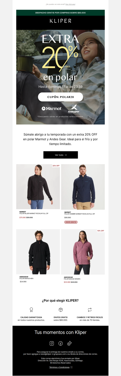 Extra 20% OFF en polar Marmot y Andes Gear