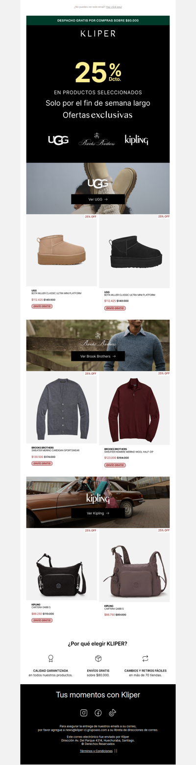UGG, Brooks Brothers y Kipling con 25% OFF