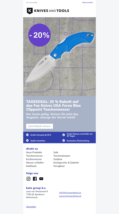 TAGESDEAL: 20 % Rabatt auf das Fox Knives USA Forza Blue Clippoint Taschenmesser