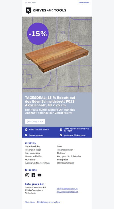 TAGESDEAL: 15 % Rabatt auf das Eden Schneidebrett P011 Akazienholz, 40 x 25 cm