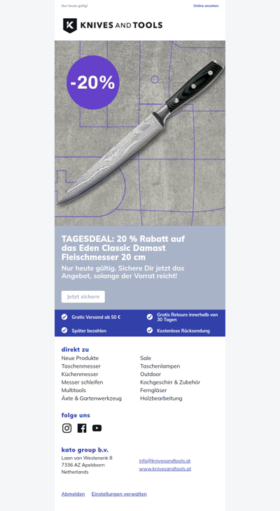 TAGESDEAL: 20 % Rabatt auf das Eden Classic Damast Fleischmesser 20 cm