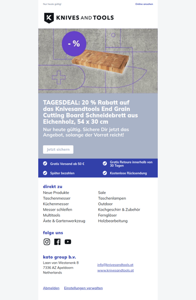 TAGESDEAL: 20 % Rabatt auf das Knivesandtools End Grain Cutting Board Schneidebrett aus Eichenholz, 54 x 30  cm