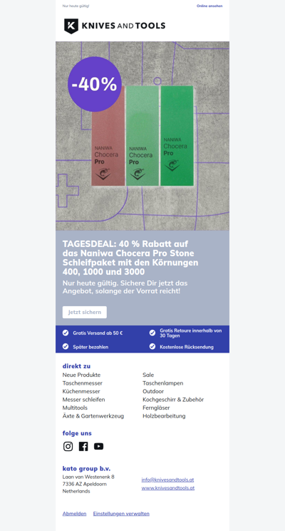 TAGESDEAL: 40 % Rabatt auf das Naniwa Chocera Pro Stone Schleifpaket mit den Körnungen 400, 1000 und 3000