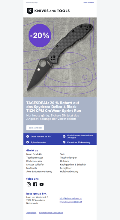 TAGESDEAL: 20 % Rabatt auf das Spyderco Delica 4 Black TiCN CPM CruWear Sprint Run