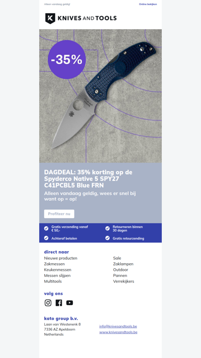 DAGDEAL: 35% korting op de Spyderco Native 5 SPY27 C41PCBL5 Blue FRN