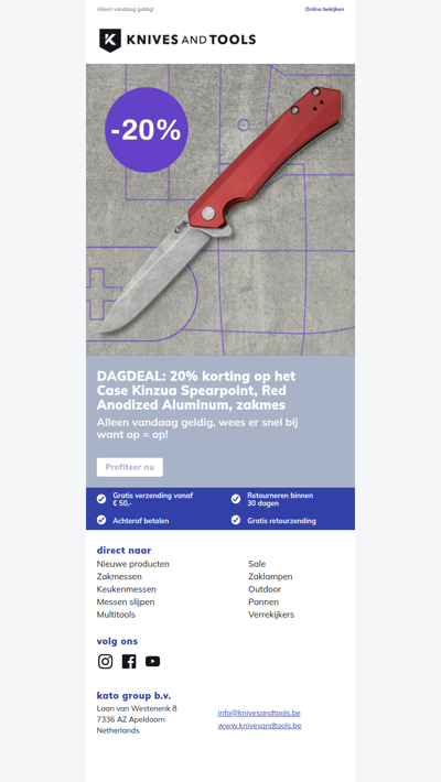 DAGDEAL: 20% korting op het Case Kinzua Spearpoint, Red Anodized Aluminum, zakmes