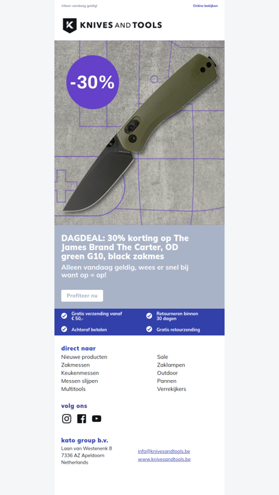 DAGDEAL: 30% korting op The James Brand The Carter, OD green G10, black zakmes